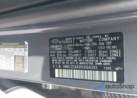 2019 Hyundai Tucson Se из США, поврежденный, VIN KM8J2CA4XKU064393